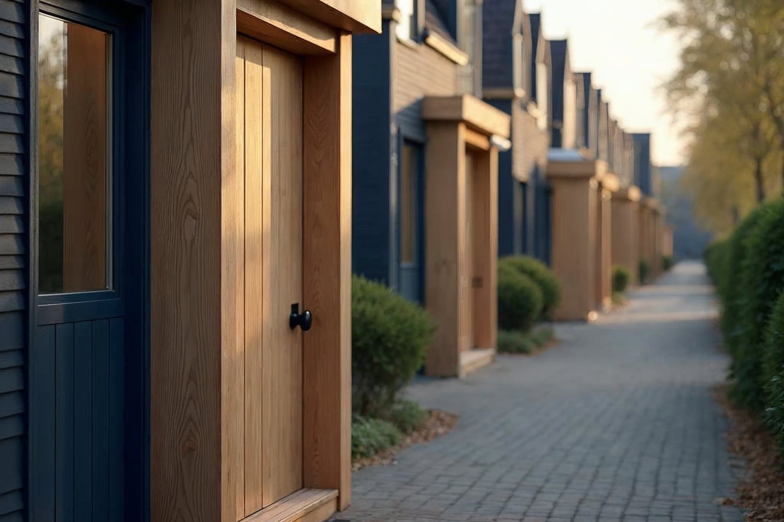 De massieve voordeur van een op maat gebouwd huis, met op de achtergrond een rij identieke standaardwoningen